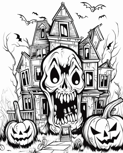 um desenho em preto e branco de uma casa com um esqueleto e abóboras