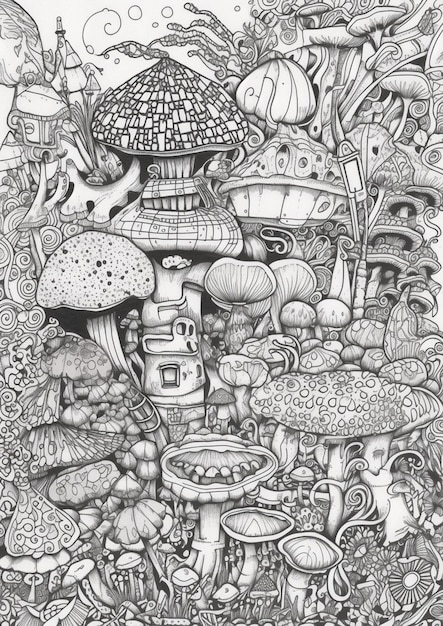 um desenho em preto e branco de uma casa de cogumelo cercada por cogumelos ai generativos