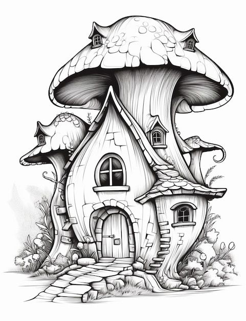 um desenho em preto e branco de uma casa de cogumelo com uma porta generativa ai