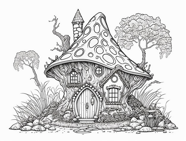 um desenho em preto e branco de uma casa de cogumelos com uma porta generativa ai