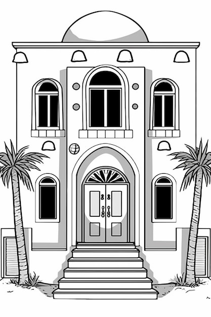 um desenho em preto e branco de uma casa grande com uma porta e degraus generativos ai