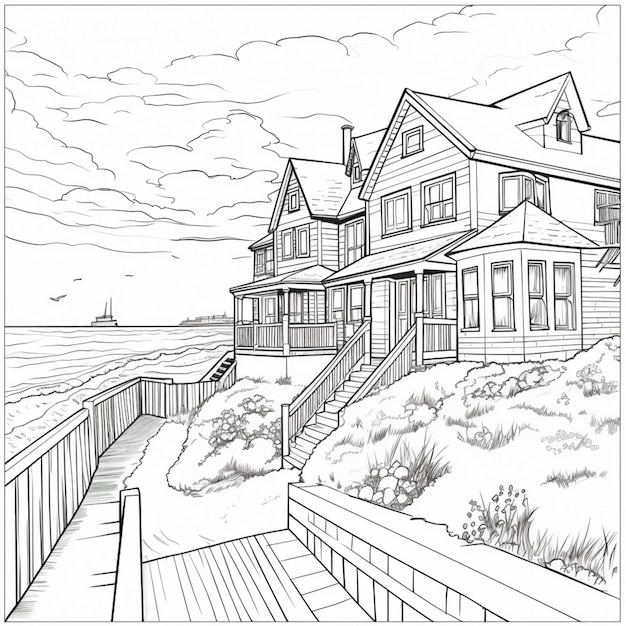 um desenho em preto e branco de uma casa na praia generativa ai