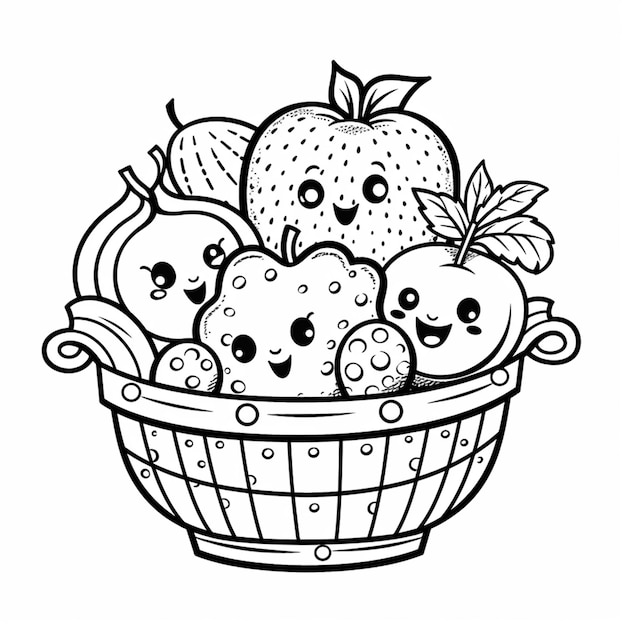 um desenho em preto e branco de uma cesta de frutas com rostos generativos ai