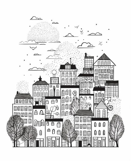 um desenho em preto e branco de uma cidade com edifícios e árvores geradoras de IA