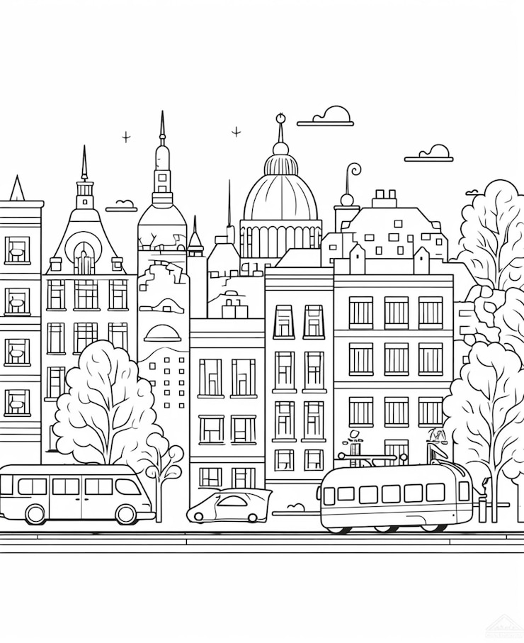 Foto um desenho em preto e branco de uma cidade com um ônibus e um ônibus generativo ai