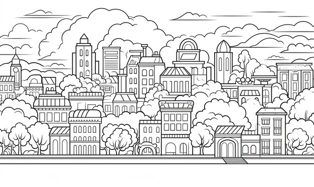 Um desenho em preto e branco de uma cidade