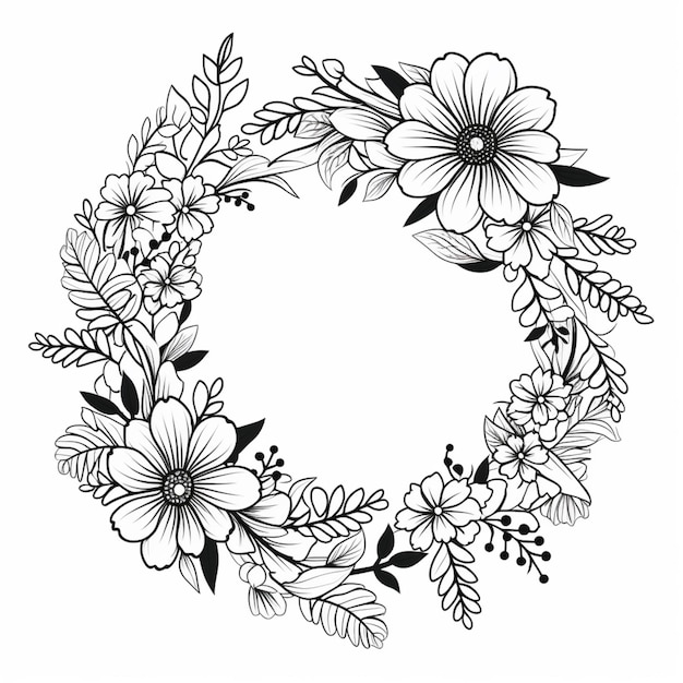 um desenho em preto e branco de uma coroa de flores generativo ai