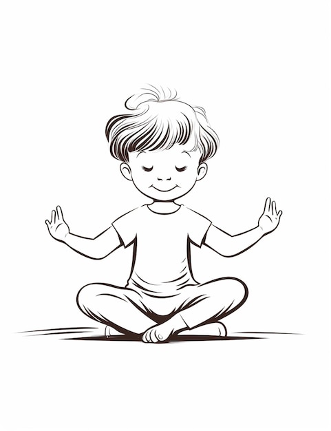 um desenho em preto e branco de uma criança sentada em uma posição de lótus generativo ai