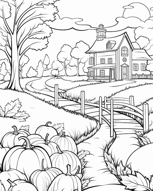um desenho em preto e branco de uma fazenda com abóboras generativas ai
