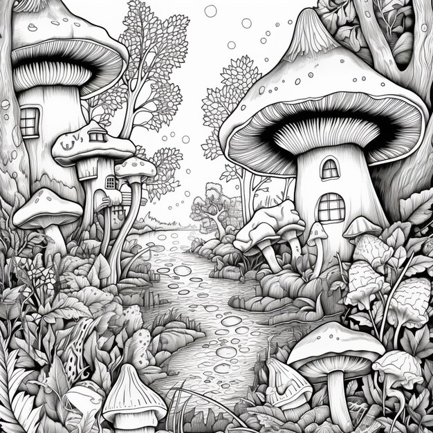 um desenho em preto e branco de uma floresta com cogumelos e cogumelos generativos ai