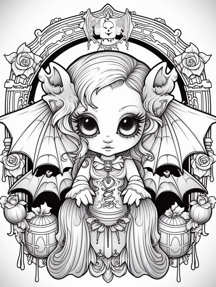 Foto um desenho em preto e branco de uma garota com um morcego e um pássaro gerador de ia
