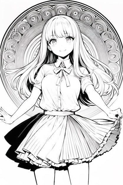 Um desenho em preto e branco de uma garota de cabelo comprido e uma saia que diz "eu amo anime".
