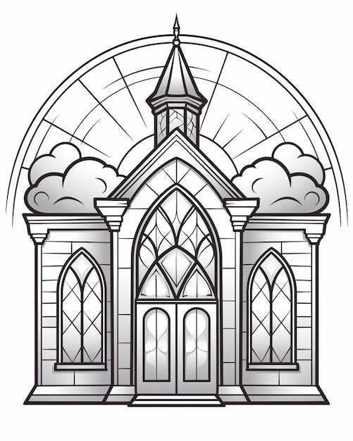 um desenho em preto e branco de uma igreja com um campanário generativo ai