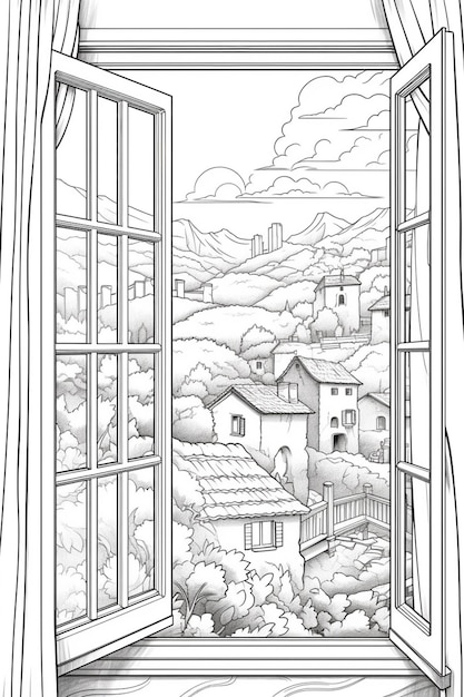 um desenho em preto e branco de uma janela com vista para uma aldeia generativa ai