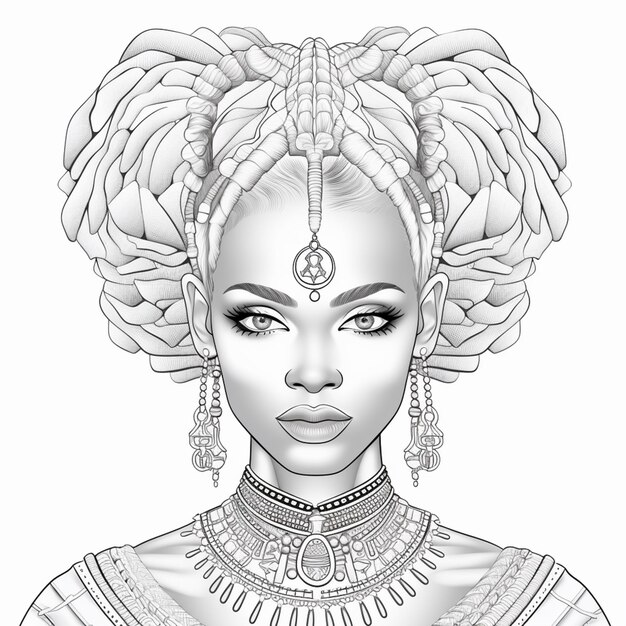 um desenho em preto e branco de uma mulher com cabelo trançado generativo ai