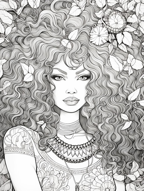 um desenho em preto e branco de uma mulher com cabelos encaracolados