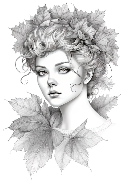 um desenho em preto e branco de uma mulher com folhas e um desenho de uma mulher com uma flor no cabelo.
