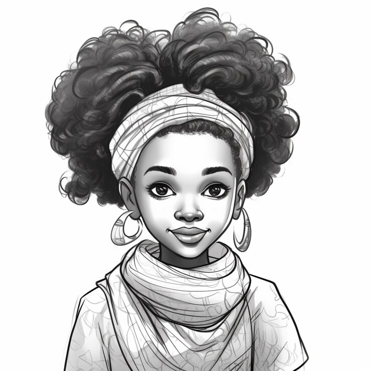 Foto um desenho em preto e branco de uma mulher com um lenço na cabeça