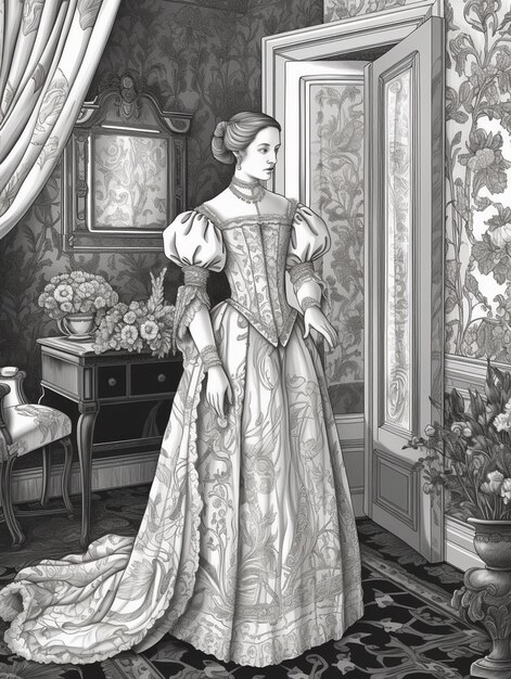 Foto um desenho em preto e branco de uma mulher em um vestido generativo ai