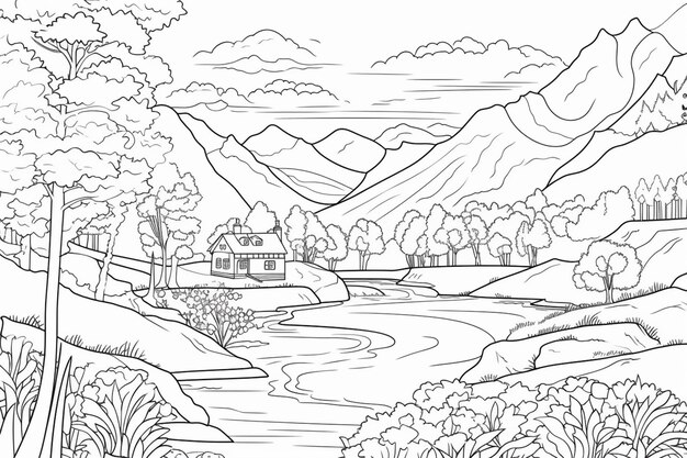 um desenho em preto e branco de uma paisagem de montanha com um rio generativo ai