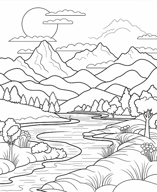 um desenho em preto e branco de uma paisagem montanhosa com um rio generativo ai