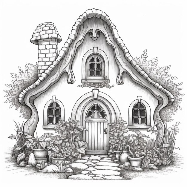 um desenho em preto e branco de uma pequena casa com um jardim gerador de IA