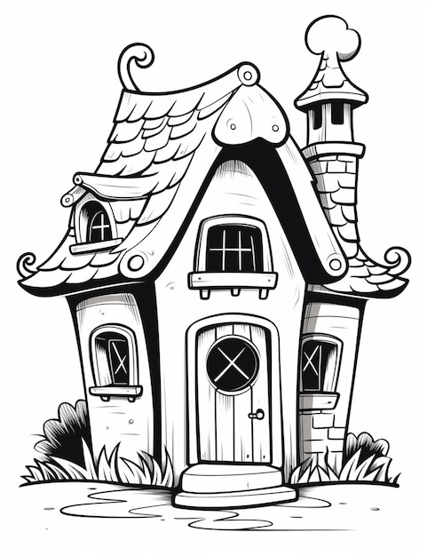 um desenho em preto e branco de uma pequena casa com uma chaminé generativa ai