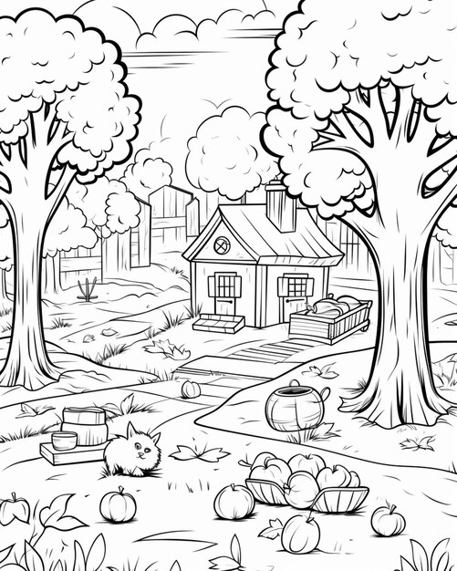 um desenho em preto e branco de uma pequena cidade com uma árvore e uma casa generativa ai