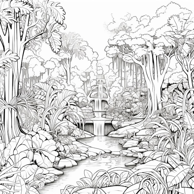Foto um desenho em preto e branco de uma selva com uma cachoeira generativa ai