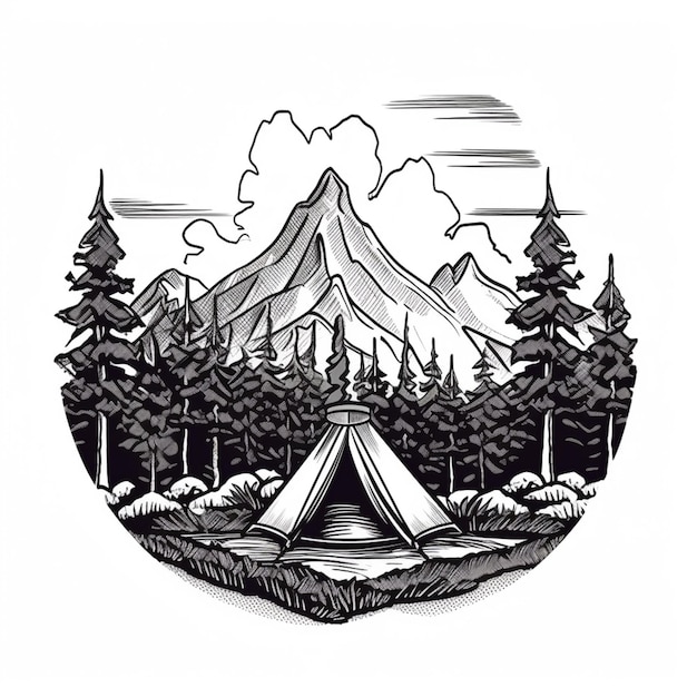 Foto um desenho em preto e branco de uma tenda na floresta