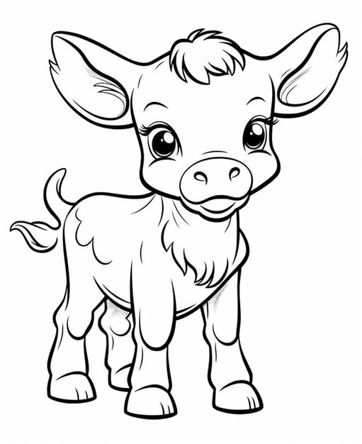 Foto um desenho em preto e branco de uma vaca bebê com olhos grandes