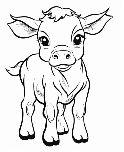 Um desenho em preto e branco de uma vaca com olhos grandes