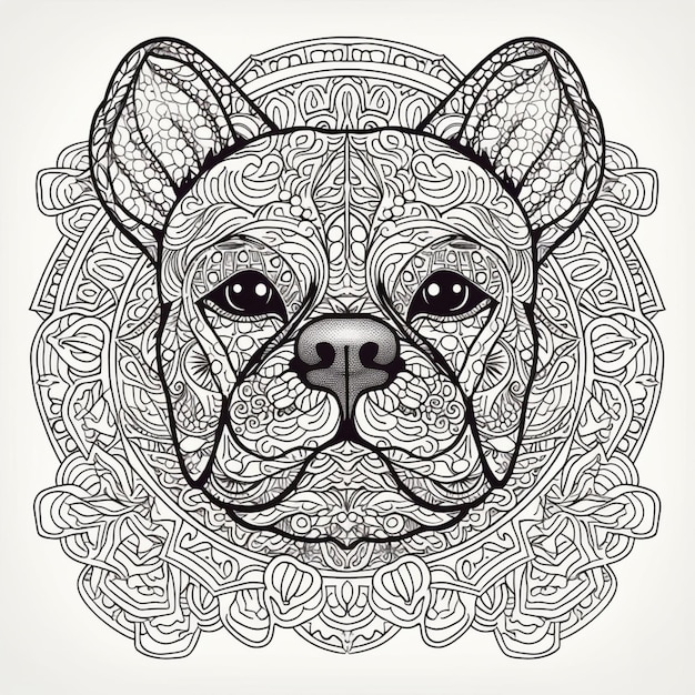 um desenho em preto e branco do rosto de um cachorro com um padrão circular generativo ai