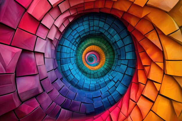 Foto um desenho espiral colorido com um fundo azul e laranja assimilação de cores ilusões ópticas onde cores adjacentes afetam umas às outras