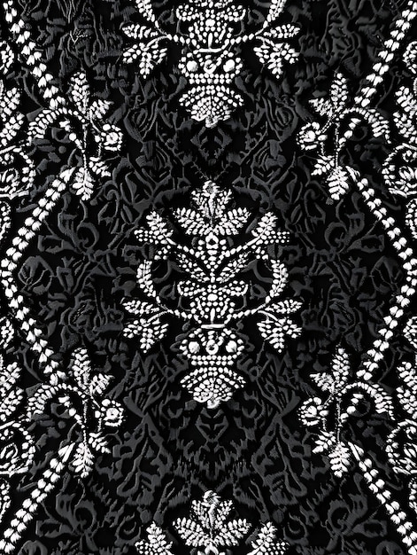 um desenho floral preto e branco com um padrão floral branco e preto