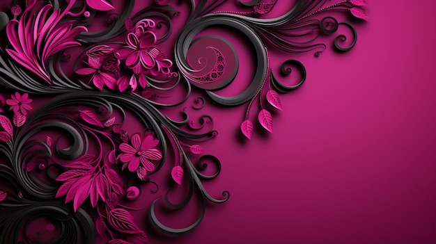 um desenho floral preto e rosa em um fundo roxo