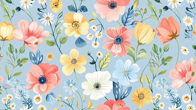 Foto um desenho florido sem costuras com flores de jardim em tons de azul para as estações de verão e primavera