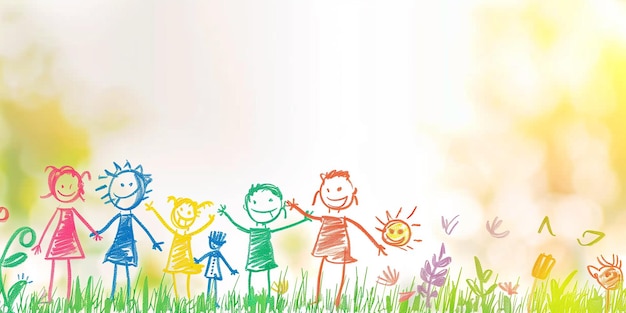 Um desenho infantil de crianças sorrindo e de mãos dadas em um campo gramado IA gerativa