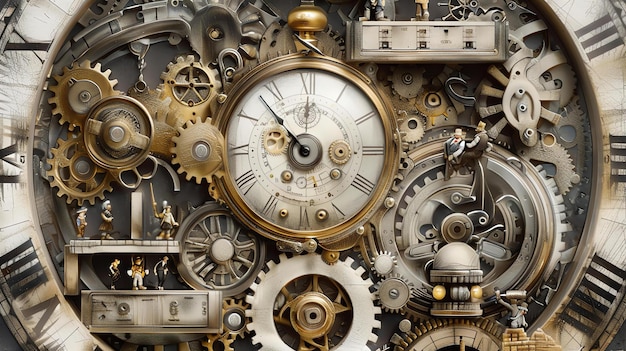 Um desenho intrincado de relógio steampunk com engrenagens, engrenagens e rebites