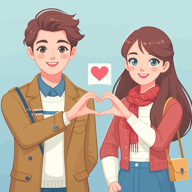 um desenho plano de um casal dando um presente de amor e coração