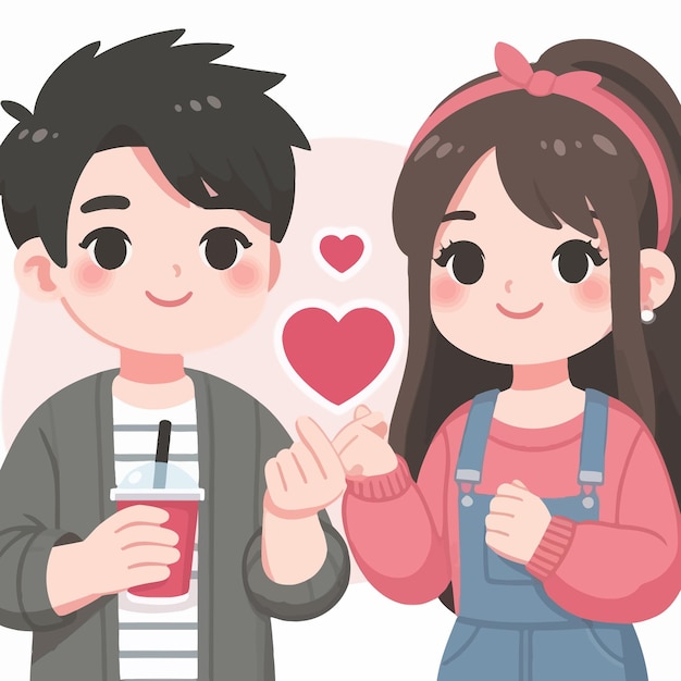um desenho plano de um casal dando um presente de amor e coração