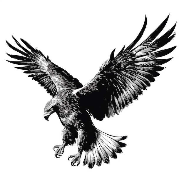 Um desenho preto e branco da silhueta de uma águia