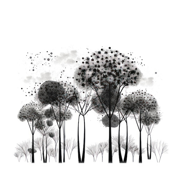 Foto um desenho preto e branco de árvores com a palavra dente de leão na parte inferior