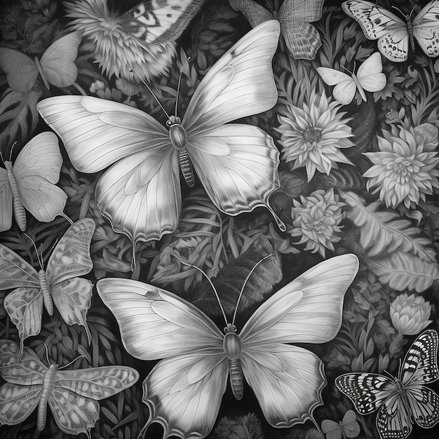 Um desenho preto e branco de borboletas e flores.