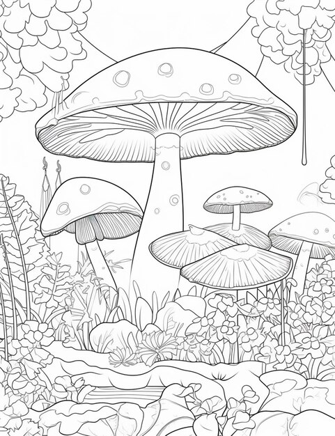 Um desenho preto e branco de cogumelos em uma floresta generativa ai