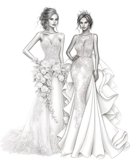 um desenho preto e branco de duas mulheres em vestidos