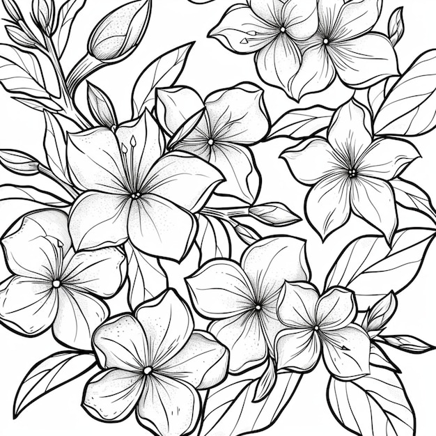 um desenho preto e branco de flores com folhas e um fundo preto