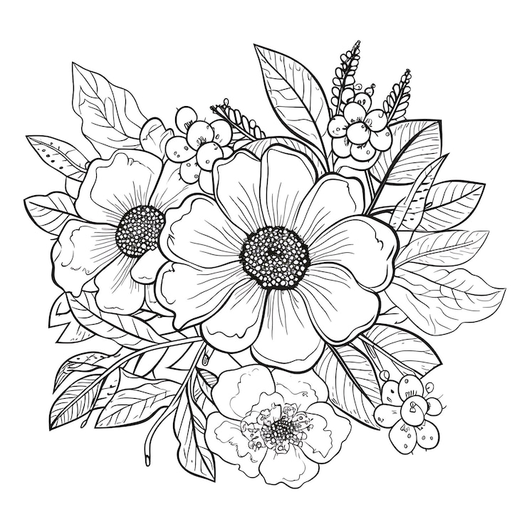 Foto um desenho preto e branco de flores com folhas