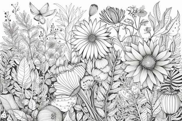 Um desenho preto e branco de flores e borboletas.