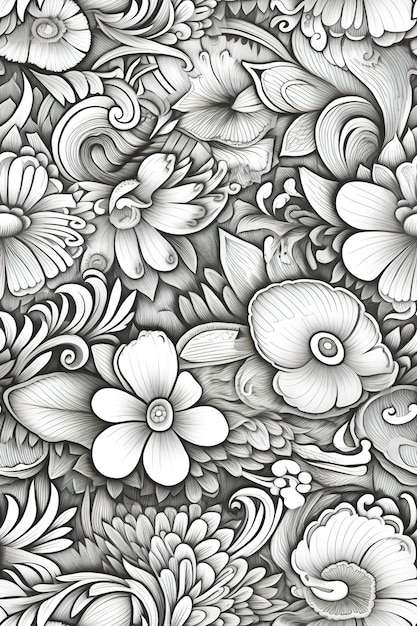 Um desenho preto e branco de flores e folhas.